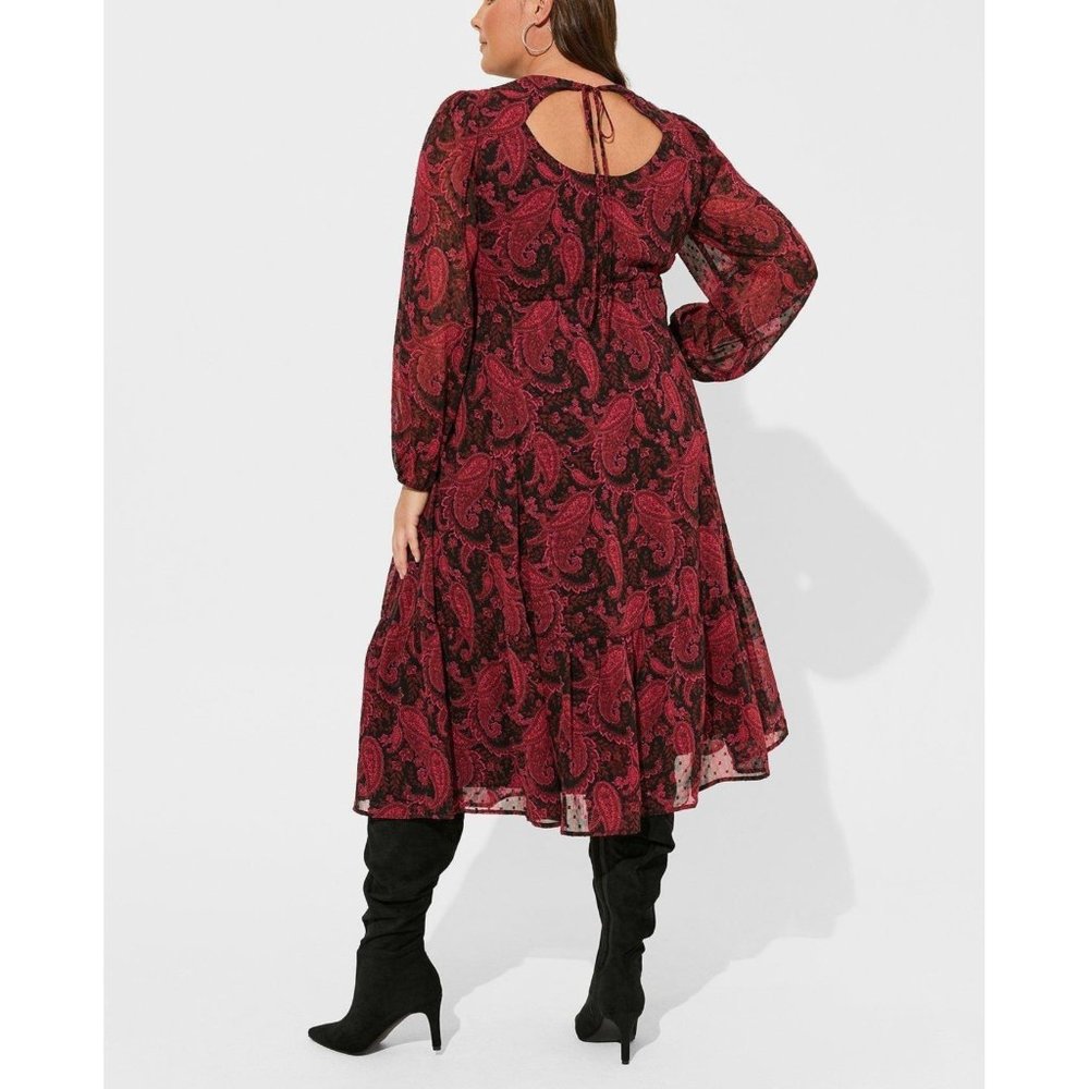 Women’s Red Paisley Midi Dress with Long Sleeves - Picture 4 of 9